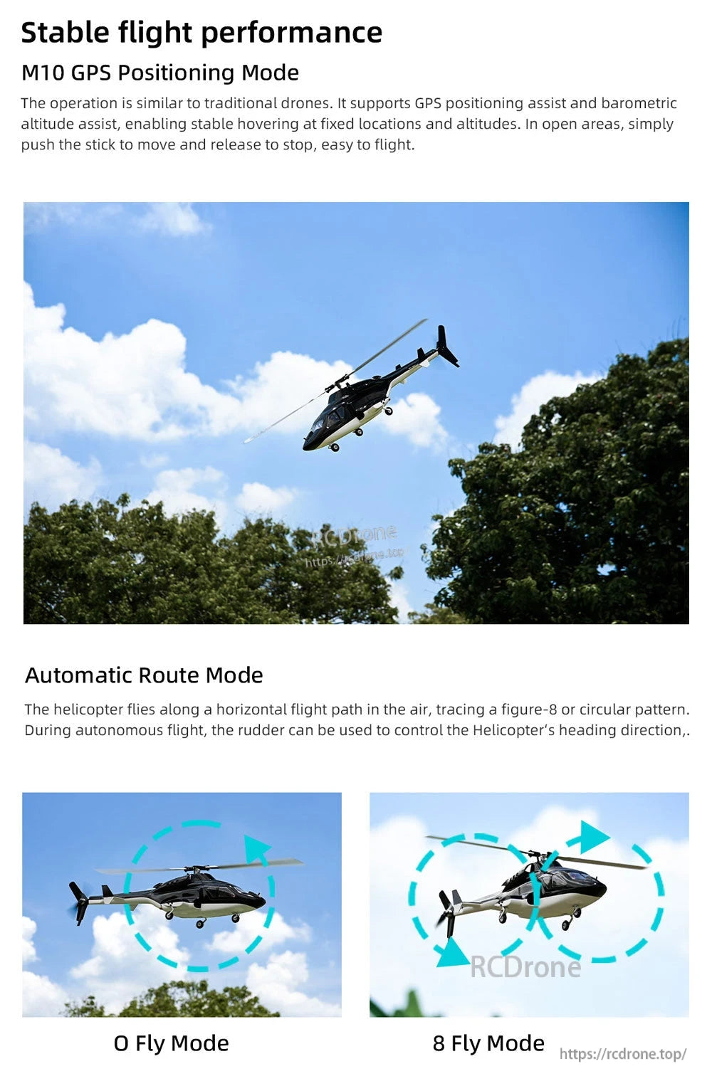 Flywing Airwolf V3 RC Helicopter, GPS and barometric altitude enable stable flight, with O Fly and 8 Fly Modes for autonomous circular and figure-eight routes.