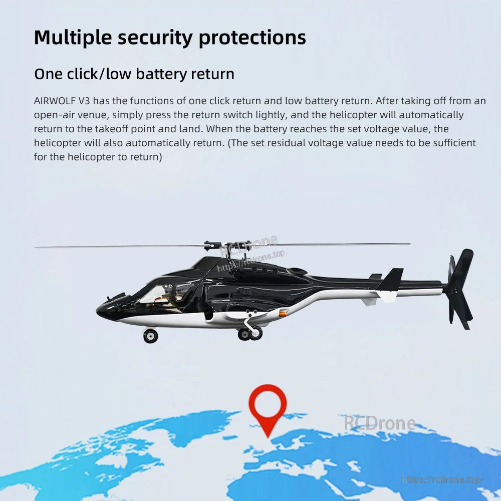 Flywing Airwolf V3 RC Helicopter, Flywing Airwolf V3 features GPS stabilization, 16V brushless motor, 15-minute flight time, 10-channel control, and safety functions like auto return for reliable, smooth flights.