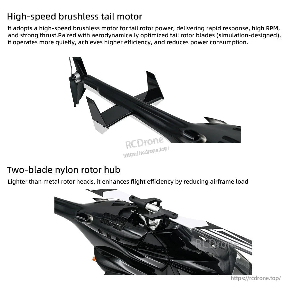Flywing Airwolf V3 RC Helicopter, A high-speed brushless tail motor provides quick response, strong thrust, and quiet efficiency, while a lightweight two-blade nylon hub improves flight performance by reducing airframe load.