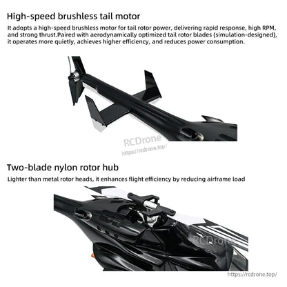 Flywing Airwolf V3 RC Helicopter, A high-speed brushless tail motor provides quick response, strong thrust, and quiet efficiency, while a lightweight two-blade nylon hub improves flight performance by reducing airframe load.