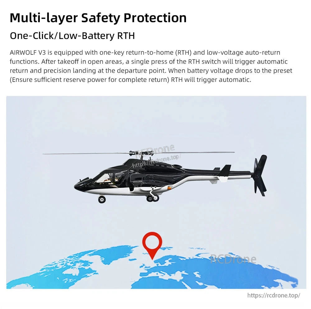 Flywing Airwolf V3 RC Helicopter, Advanced RC helicopter with one-click and low-battery return-to-home, precise landing, multi-layer safety, and reliable navigation for beginners and experts in various conditions.
