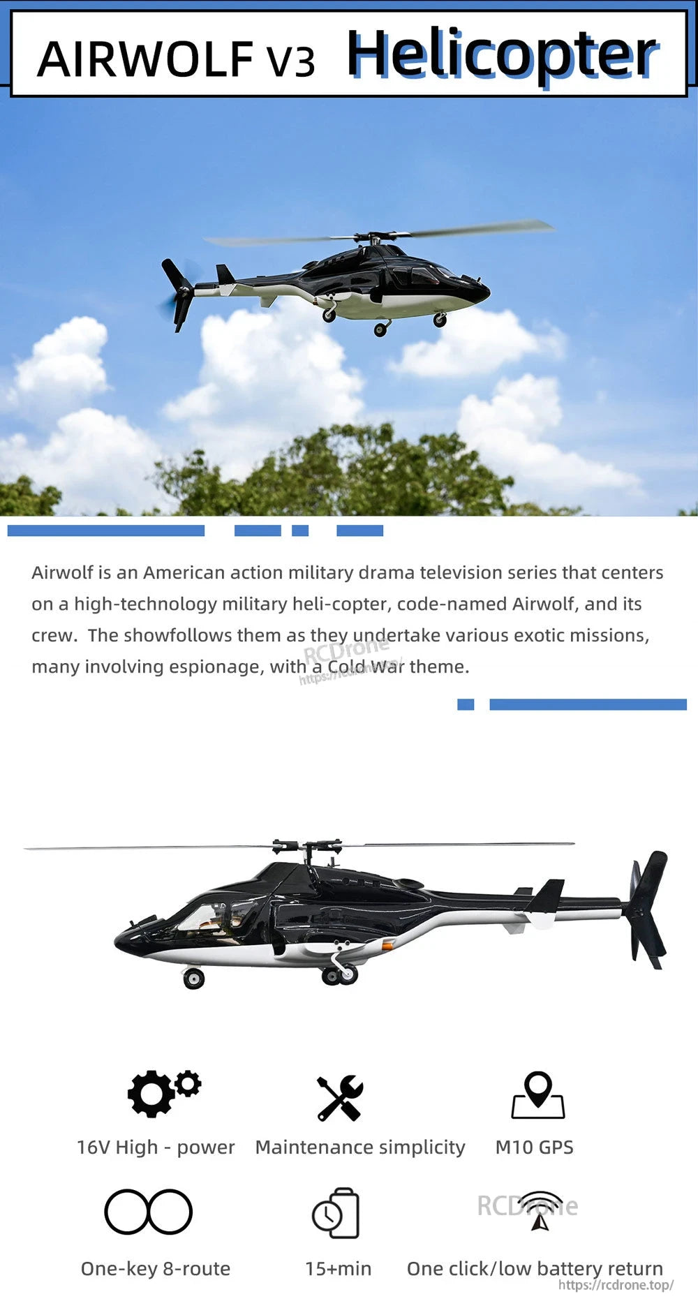 Flywing Airwolf V3 RC Helicopter, AIRWOLF V3 offers 16V power, M10 GPS, one-key 8-route control, 15+ min flight time, easy maintenance, and auto return, blending advanced tech with user-friendly design inspired by Airwolf.