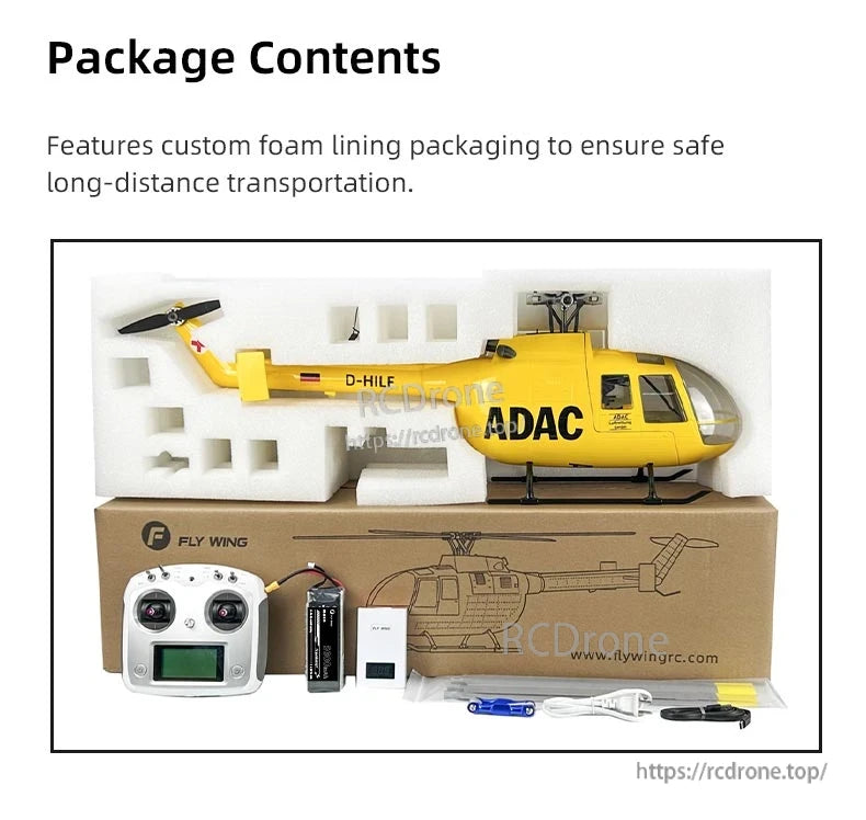 The package includes a yellow ADAC helicopter, remote control, battery, charger, tools, and a custom foam-lined box for safe transport.