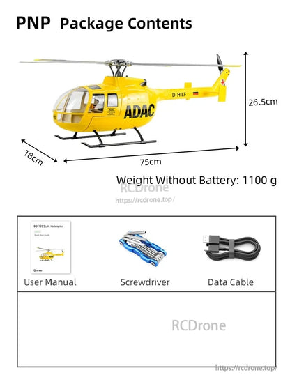 PNP package: yellow ADAC helicopter (75x18x26.5 cm, 1100g), user manual, screwdriver, data cable—battery not included.