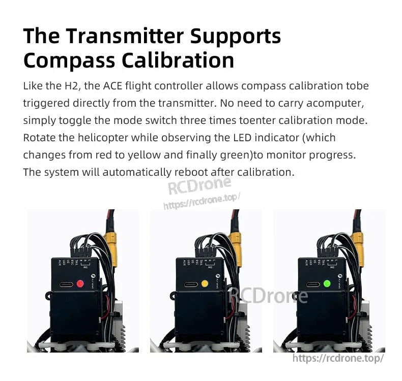Flywing Bell-206 V3 RC Helicopter, The transmitter allows for compass calibration similar to the H2, no computer required; toggle mode switch 3 times to calibrate.