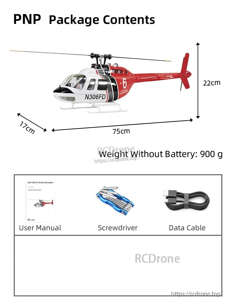Flywing Bell-206 V3 RC Helicopter, PNP package contains 75cm RC helicopter, manual, screwdriver, data cable. Weighs 900g (no battery). Dimensions: 75cm x 17cm x 22cm.