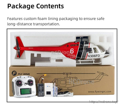 Flywing Bell-206 V3 RC Helicopter, Flywing Bell-206 V3 RC helicopter: 450L scale, GPS, 23-min flight, RTH, 75cm, RTF/PNP. Includes remote, battery, charger, packaging.