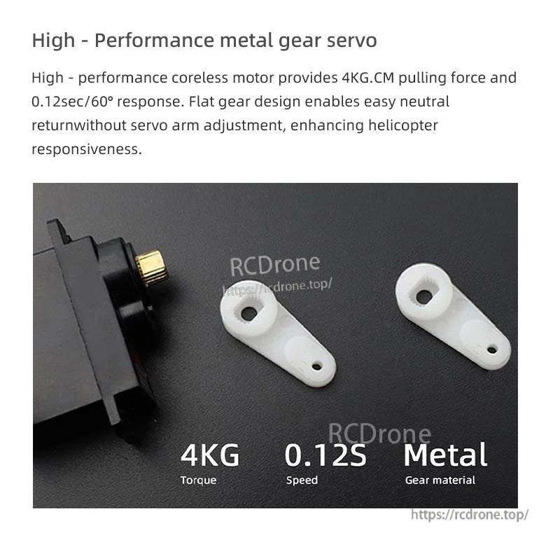 Flywing Bell-206 V3 RC Helicopter, High-performance metal gear servo offers 4KG torque, 0.12S speed, and durable metal gears for superior responsiveness and precision.