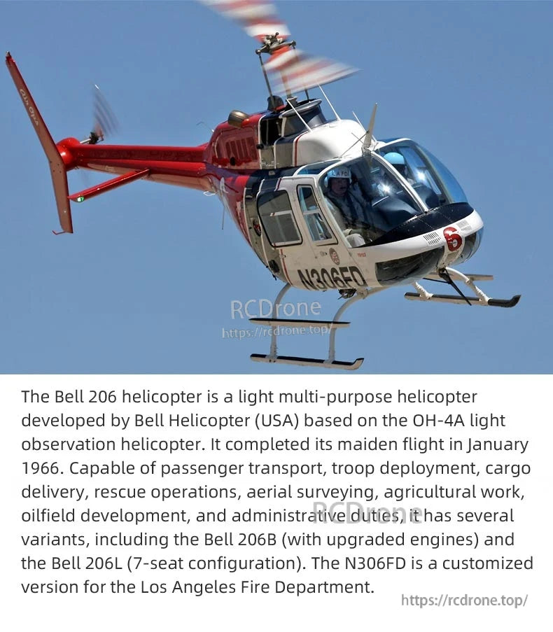 Flywing Bell-206 V3 RC Helicopter, The Bell 206 is a versatile light helicopter derived from the OH-4A, used for transport, rescue, and surveying; N306FD is its customized version for the Los Angeles Fire Department.