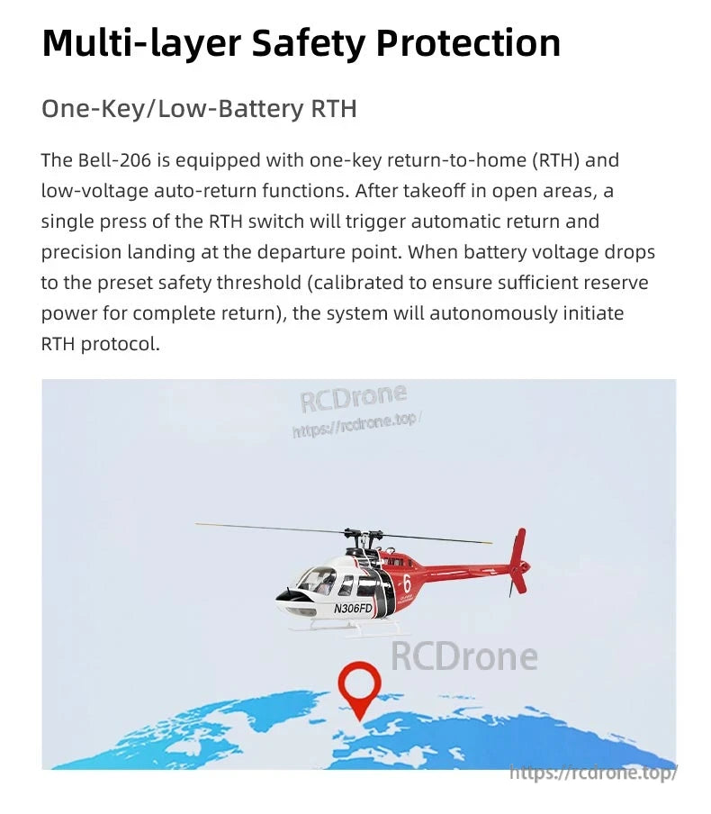 Flywing Bell-206 V3 RC helicopter features one-key return, low-battery auto-return, and precise landing for reliable, safe flight in open areas.