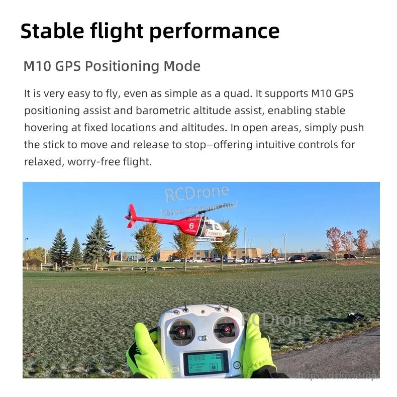 Flywing Bell-206 V3 RC Helicopter, M10 uses GPS and barometric data for stable flight and precise hovering, with intuitive controls for easy, worry-free operation in open areas. (24 words)