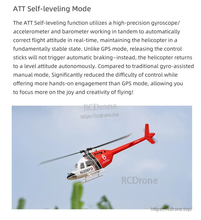 Flywing Bell-206 V3 RC Helicopter, ATT Self-leveling Mode uses sensors for real-time stabilization, offering easier handling than manual and more control than GPS mode, enhancing flight experience.