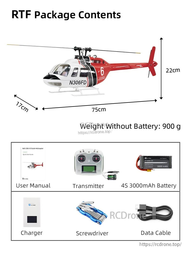 Flywing Bell-206 V3 RC helicopter: 75cm long, 900g (no battery), includes transmitter, 4S 3000mAh battery, charger, tools, manual, and data cable.
