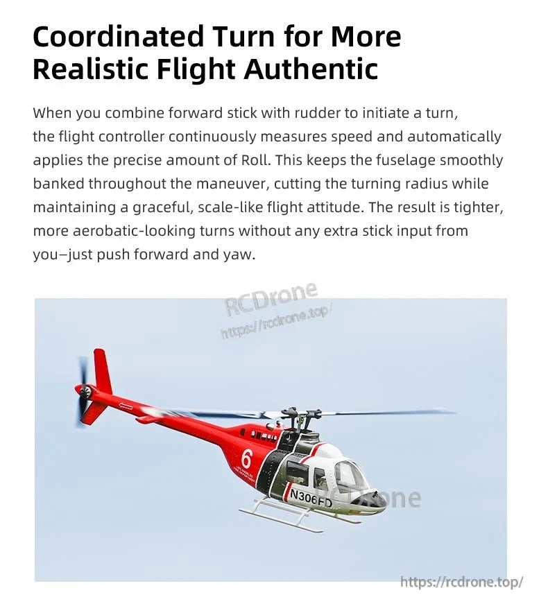 The Flywing Bell-206 V3 RC helicopter features coordinated turn technology for realistic, smooth flight, with automatic roll control enabling tight aerobatic turns; its red-and-white N306FD livery enhances scale authenticity.