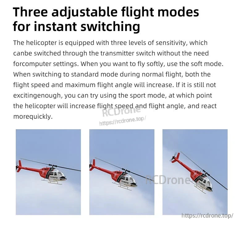 Flywing Bell-206 V3 RC Helicopter, The Flywing Bell-206 V3 offers three adjustable flight modes—soft, standard, sport—for varying skill levels, enabling instant, intuitive control customization and enhanced performance in diverse conditions.