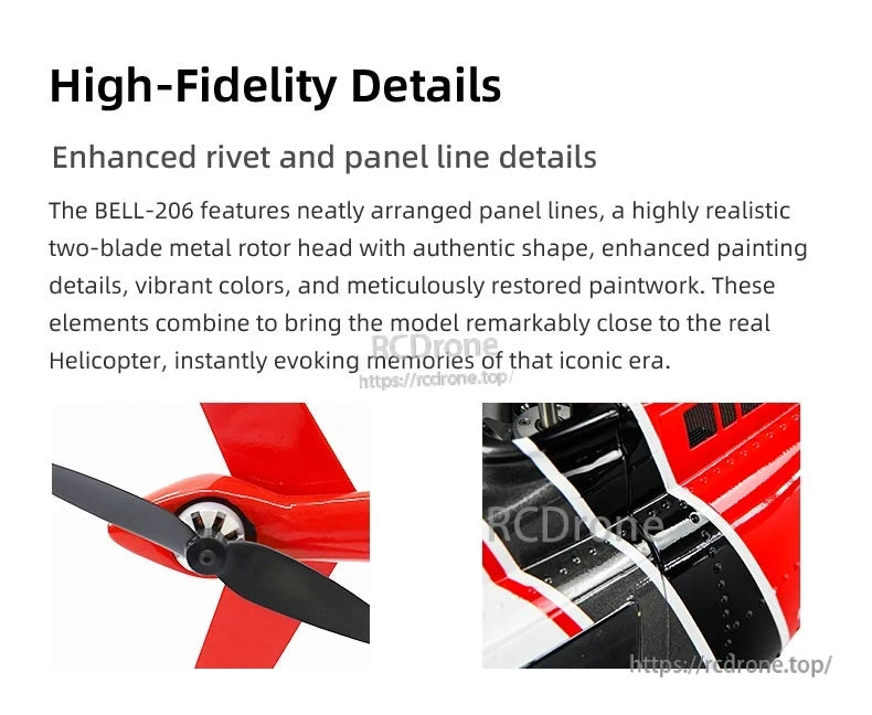 Flywing Bell-206 V3 RC Helicopter, Realistic rotor, authentic panel lines, vibrant colors, and restored paint capture the BELL-206’s essence with high-fidelity detail and precision. (24 words)
