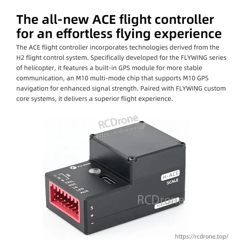 Flywing Bell-206 V3 RC Helicopter, The ACE flight controller offers reliable, high-performance flight for FLYWING helicopters with GPS, M10 chip, clear ports, and H2-powered technology for stable operation in diverse conditions.