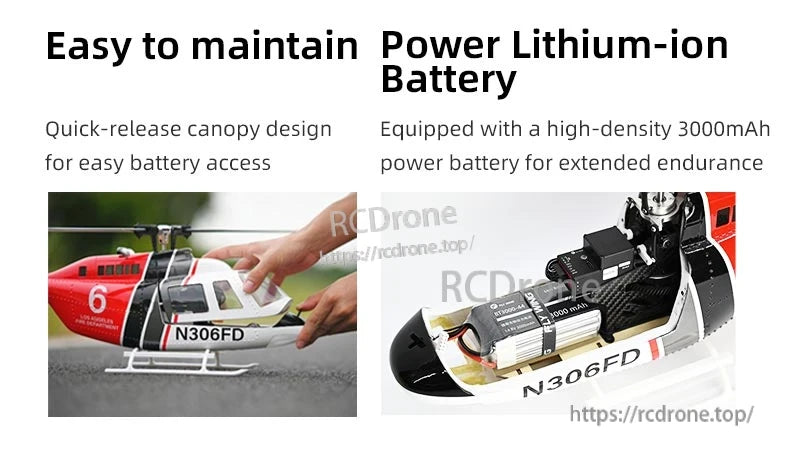 Flywing Bell-206 V3 RC Helicopter, Quick-release canopy and 3000mAh battery enable easy maintenance and extended flight time.