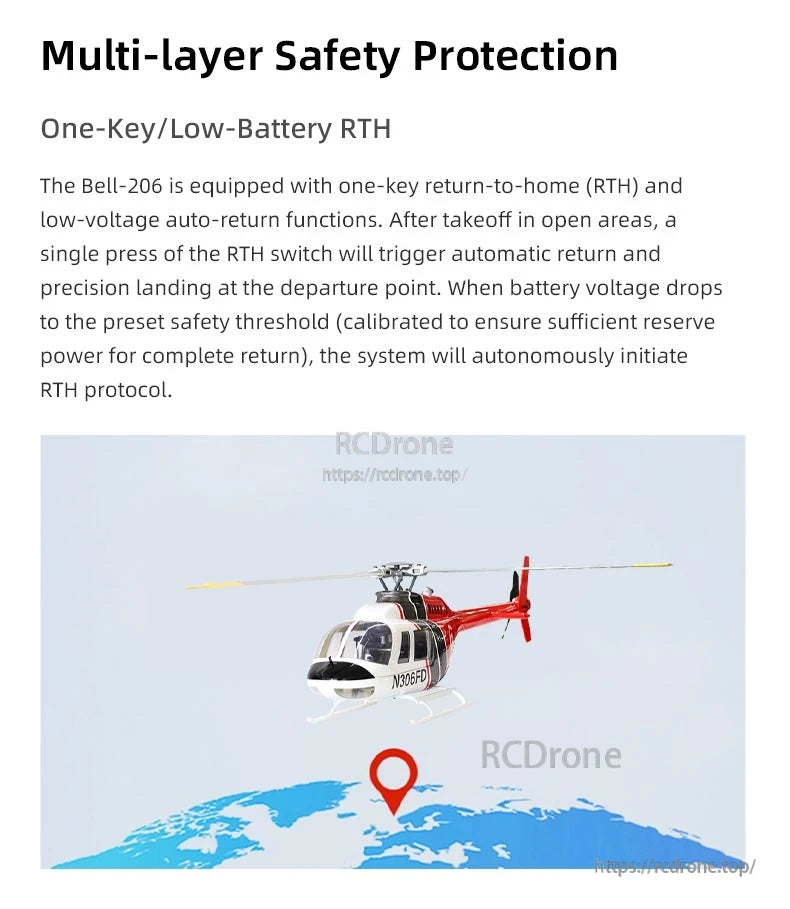 Flywing Bell‑206 V4 RC Helicopter, The Flywing Bell-206 V4 features one-key return, low-battery auto-return, and precise landing, ensuring safe, stable flight with advanced global navigation.