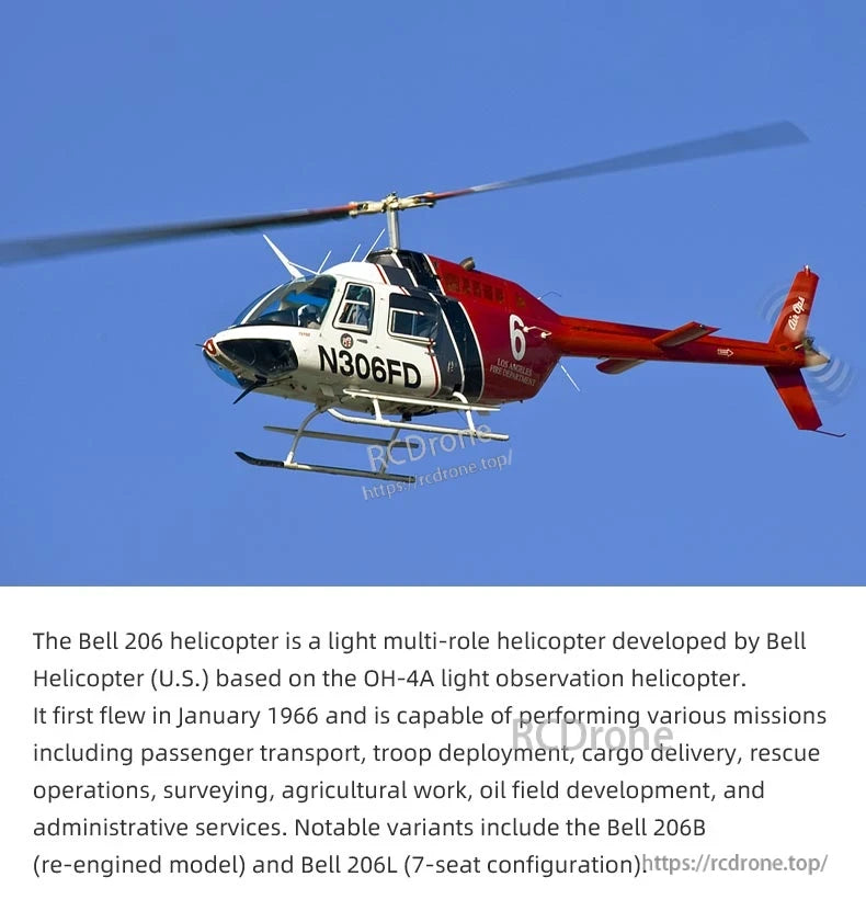 Flywing Bell‑206 V4 RC Helicopter, The Bell 206, a reliable, versatile helicopter used for transport, rescue, and more, serves the Los Angeles Fire Department as N306FD, excelling in civilian and government roles.