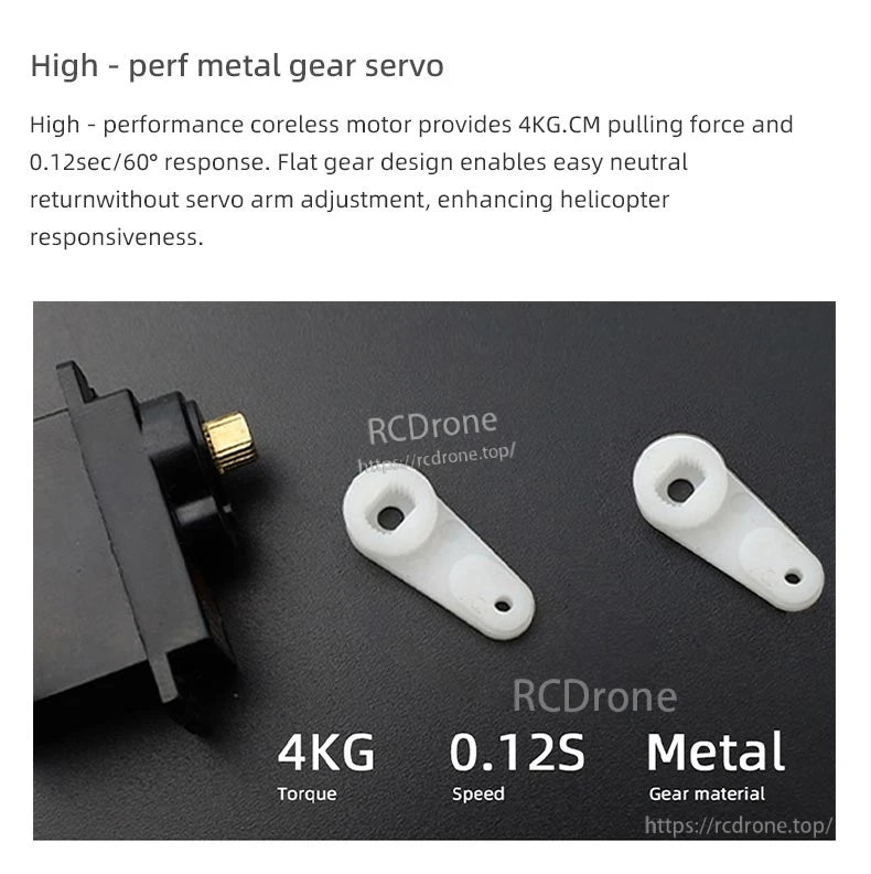 Flywing Bell‑206 V4 RC Helicopter, High-performance 4KG torque servo with metal gears, 0.12S speed, and neutral return for improved helicopter responsiveness.