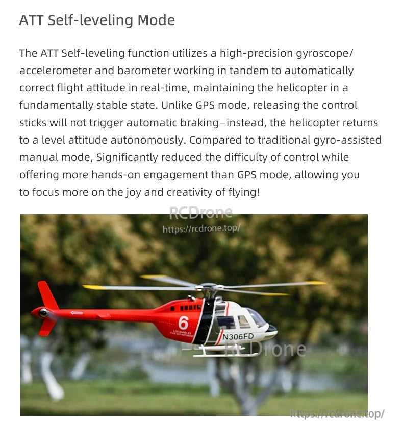 Flywing Bell‑206 V4 RC Helicopter, ATT Self-leveling Mode uses sensors for automatic stabilization, offering easier handling and enhanced flight control without GPS, ideal for manual flying.
