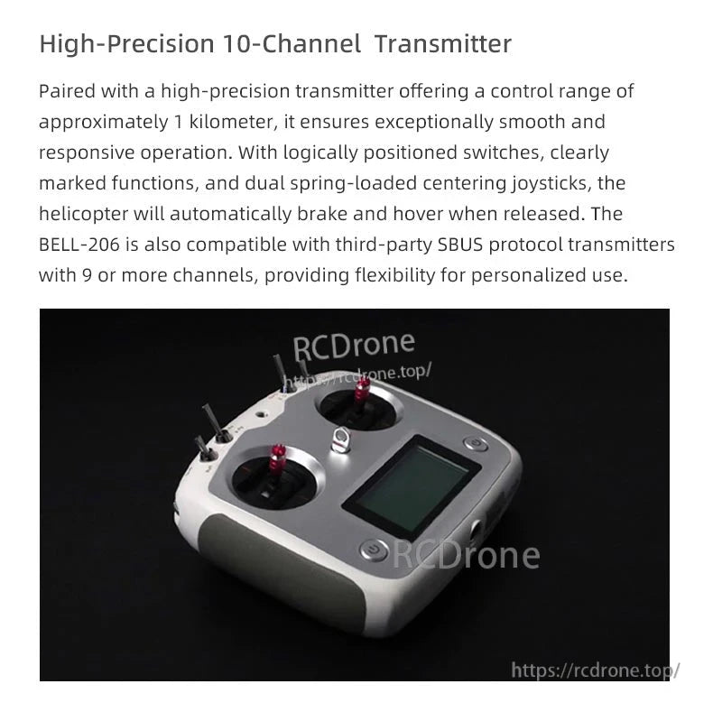 Flywing Bell‑206 V4 RC Helicopter, A high-precision 10-channel transmitter with 1km range, ergonomic design, SBUS compatibility, and intuitive controls for reliable, long-range drone operation.