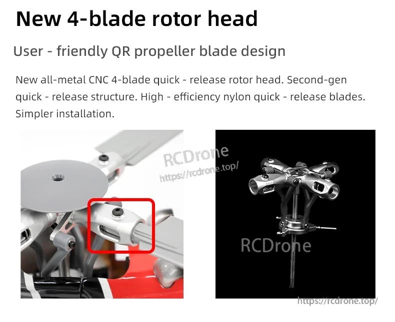 Flywing Bell‑206 V4 RC Helicopter, New 4-blade rotor head features quick-release metal CNC design, high-efficiency nylon blades, and easier installation.