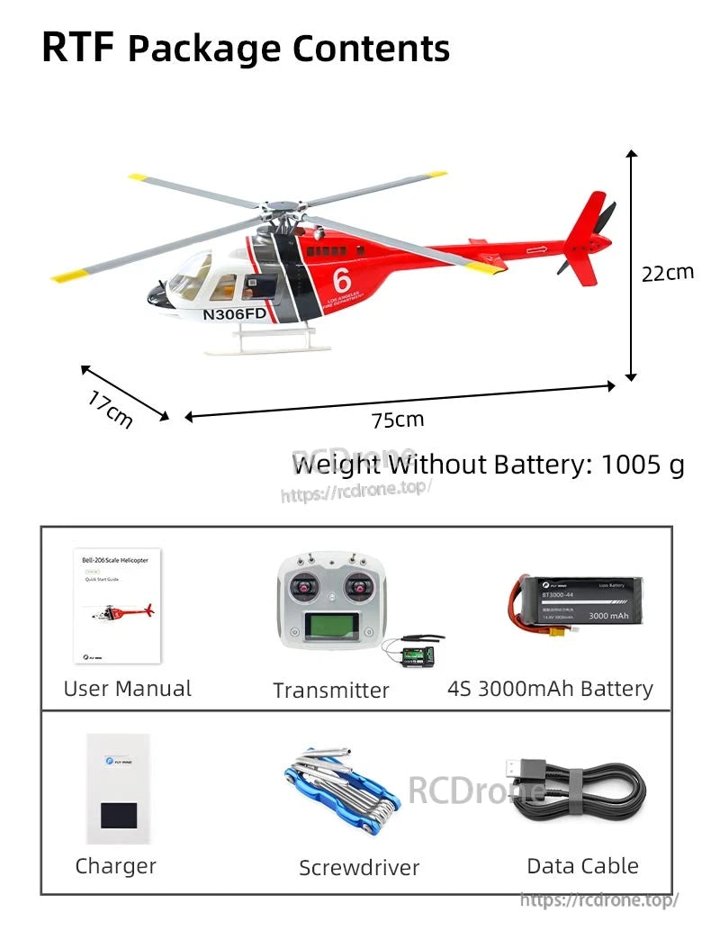 Flywing Bell‑206 V4 RC Helicopter, RTF package includes helicopter, transmitter, 3000mAh battery, charger, tools, and manual. Helicopter weighs 1005g without battery.