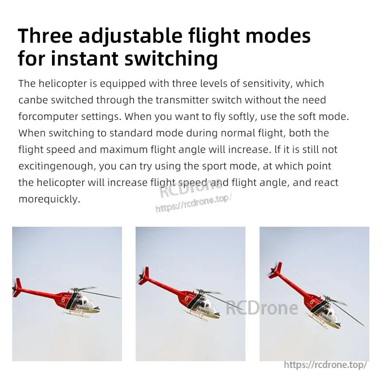 Flywing Bell‑206 V4 RC Helicopter, Three adjustable flight modes—soft, standard, sport—offer customizable, responsive control for all skill levels without computer setup on the Flywing Bell-206 V4 RC Helicopter.