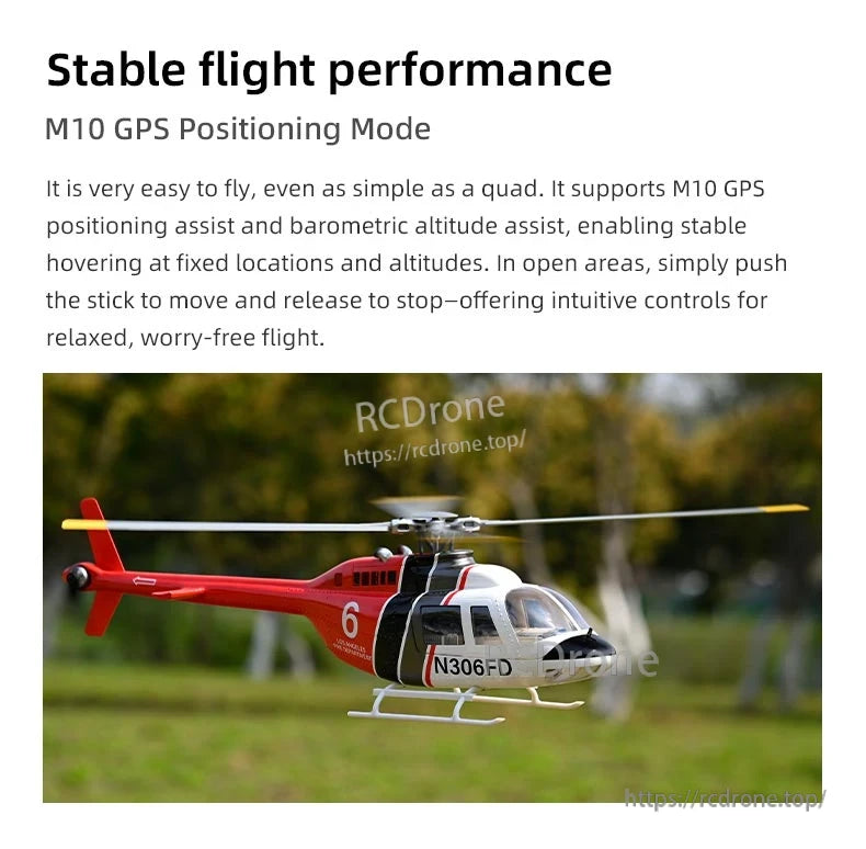 Flywing Bell‑206 V4 RC Helicopter, M10 uses GPS and barometric data for stable flight, precise hovering, and easy controls, enabling smooth, worry-free flying in open areas. (24 words)