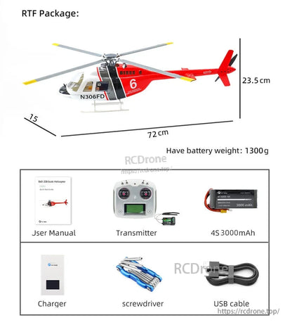 Flywing Bell‑206 V4 RC Helicopter, RTF Bell-206 scale helicopter (72 cm, 1300g) includes transmitter, 4S 3000mAh battery, charger, manual, screwdriver, and USB cable.