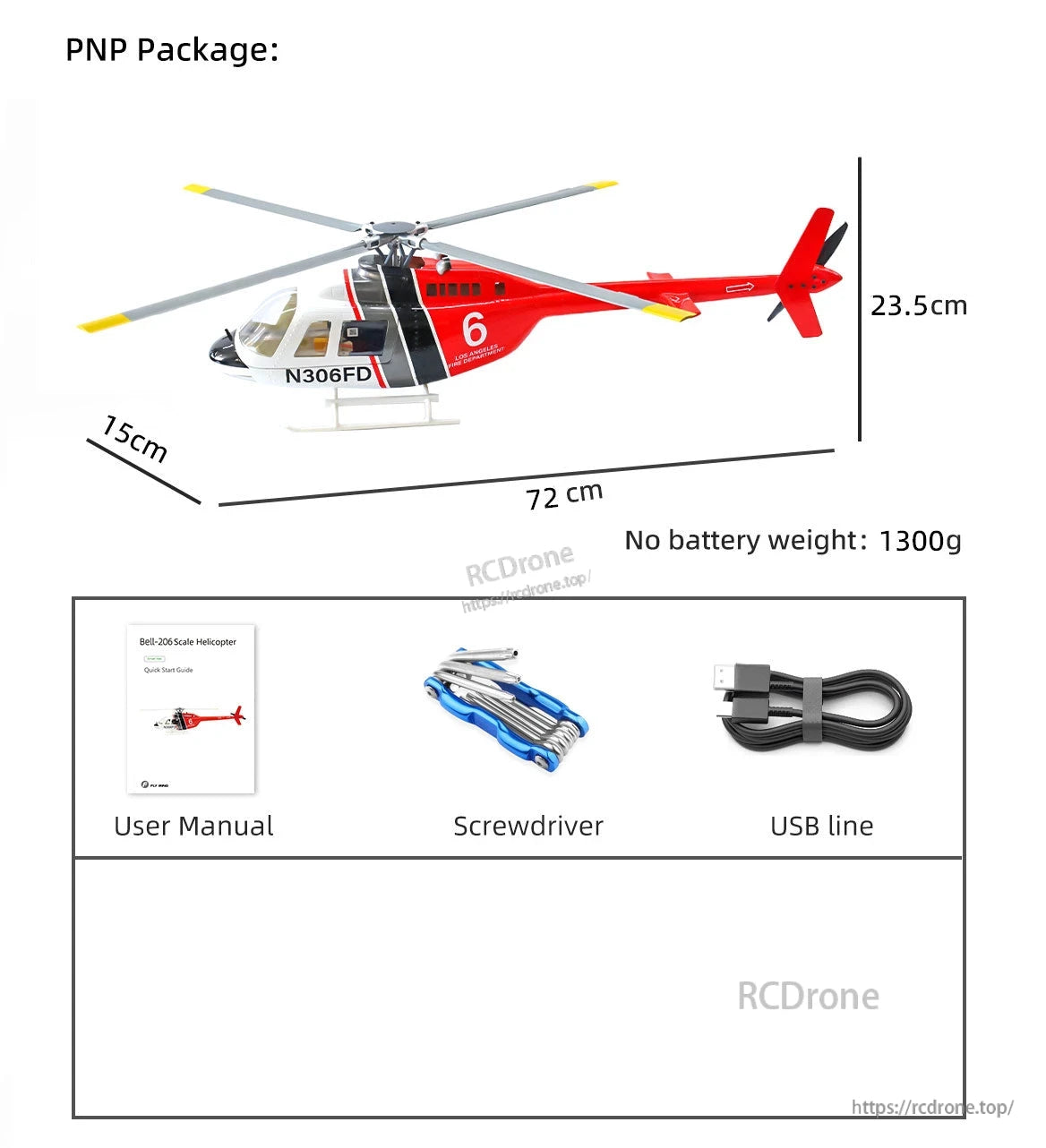 Flywing Bell‑206 V4 RC Helicopter, Flywing Bell-206 V4 RC Helicopter: 72x15x23.5cm, 1300g (no battery), PNP. Includes manual, screwdriver, USB cable.