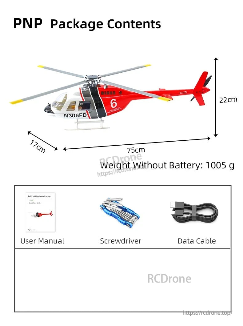 Flywing Bell‑206 V4 RC Helicopter, Flywing Bell-206 V4 RC helicopter, 75cm long, comes with manual, screwdriver, and data cable for easy setup and operation.