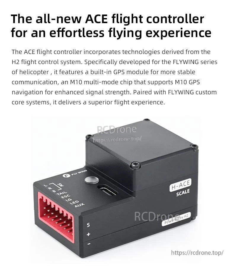 Flywing Bell‑206 V4 RC Helicopter, ACE flight controller with H2 technology ensures stable, precise flight for FLYWING helicopters via GPS, M10 chip, and labeled ports for reliable, high-performance operation.