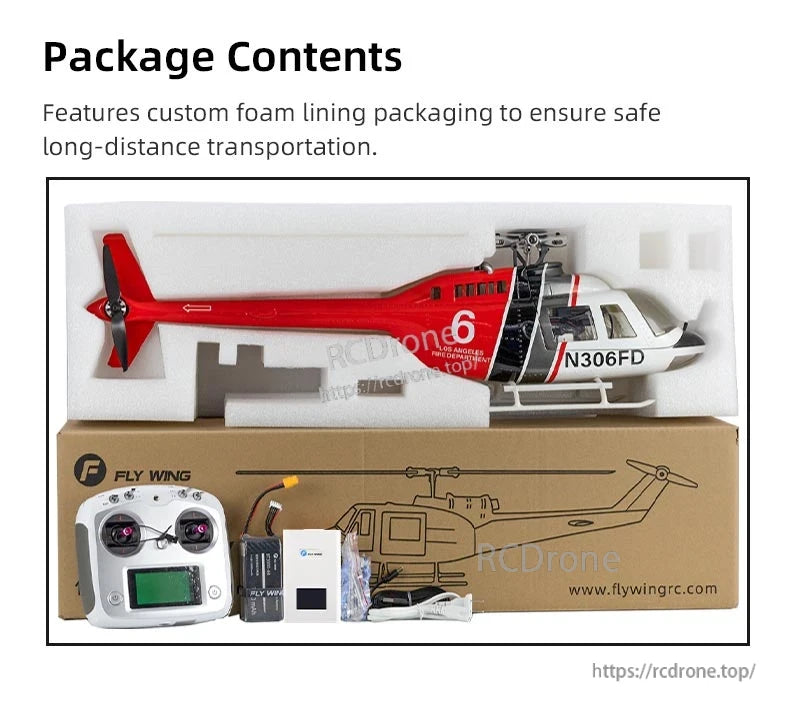 Flywing Bell‑206 V4 RC Helicopter, Flywing Bell-206 V4 RC helicopter includes remote, battery, charger, and custom foam packaging for safe transport and storage.