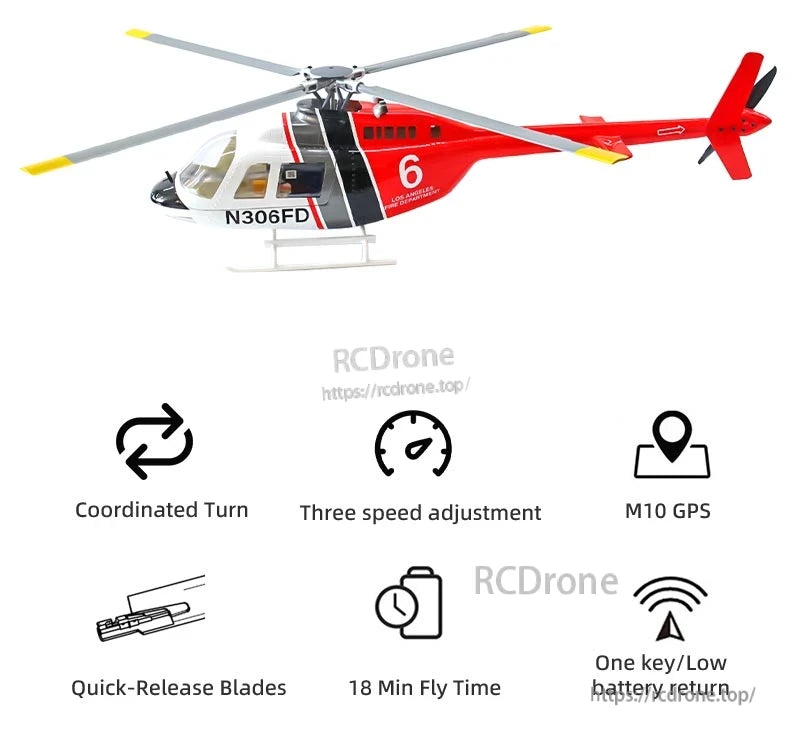 Flywing Bell‑206 V4 RC Helicopter, Flywing Bell-206 V4 RC helicopter features GPS, 18-minute flight time, and quick-release blades for easy transport and setup.