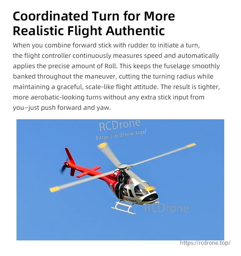 Flywing Bell‑206 V4 RC Helicopter, Coordinated turns use forward stick and rudder; the flight controller adjusts roll for smooth, tight, aerobatic-like maneuvers with minimal input.
