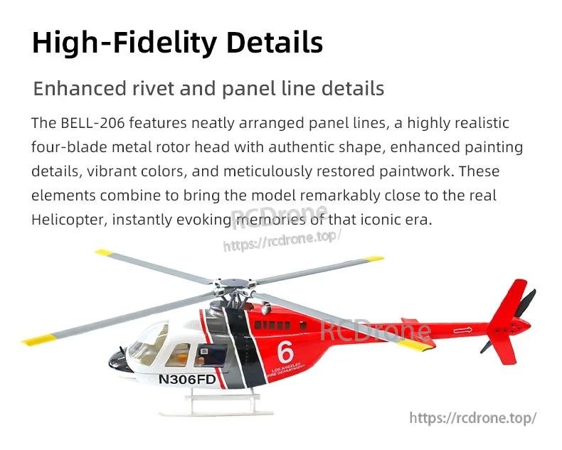 Flywing Bell‑206 V4 RC Helicopter, Bell-206 RC helicopter with detailed panel lines, realistic rotor head, vibrant colors, N306FD marking, number 6, and Los Angeles Fire Department livery; high-fidelity restoration accurately reflects original design.