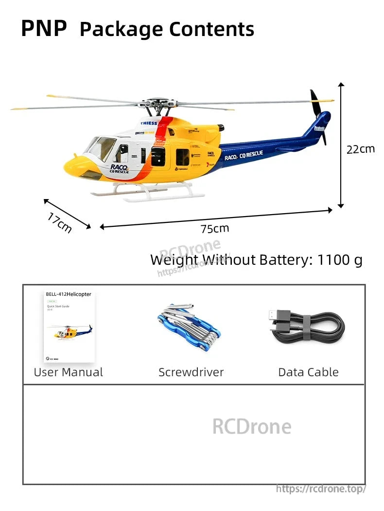 Flywing Bell-412 Scale RC Helicopter, Flywing Bell-412 RC helicopter, 75cm, 1100g, 25-minute flight. PNP package includes manual, screwdriver, data cable, and accessories.