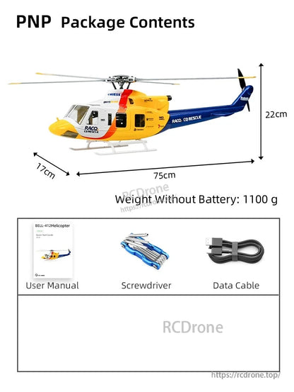 Flywing Bell-412 Scale RC Helicopter, Flywing Bell-412 RC helicopter, 75cm, 1100g, 25-minute flight. PNP package includes manual, screwdriver, data cable, and accessories.