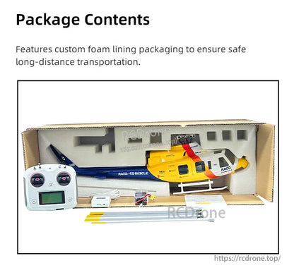 Flywing Bell-412 Scale RC Helicopter, RC helicopter with controller, battery, charger, and spare parts in foam-lined box for safe transport and storage.