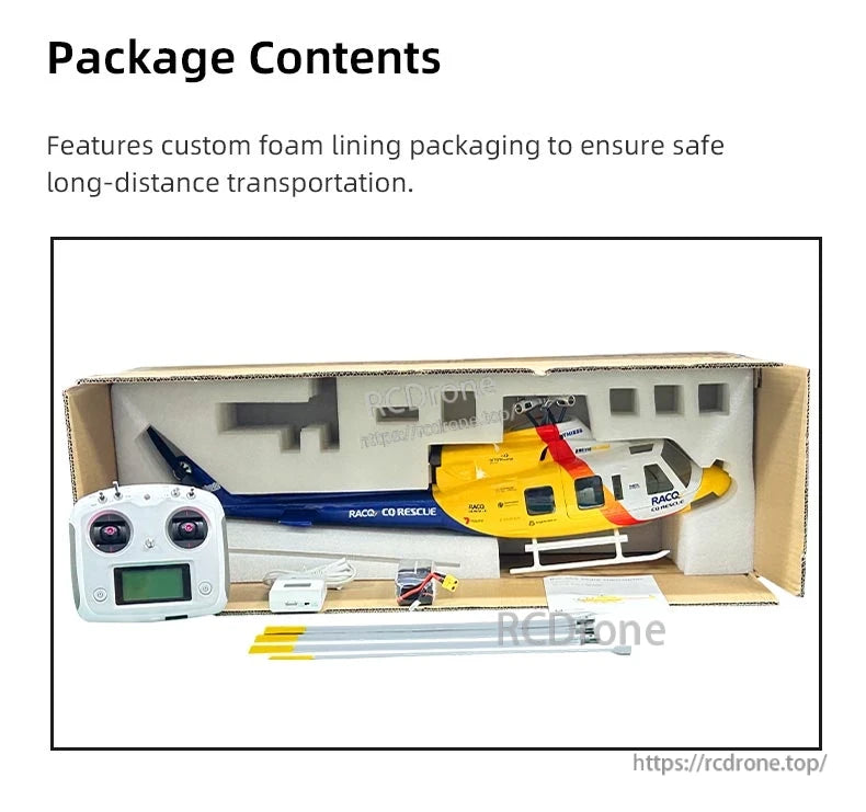 Flywing Bell-412 Scale RC Helicopter, The package includes a remote-controlled helicopter, controller, battery, charger, spare parts, and a protective foam-lined box for secure transport.