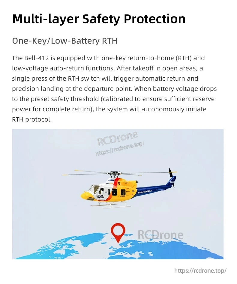 Flywing Bell-412 Scale RC Helicopter, The Flywing Bell-412 RC helicopter features one-key return-to-home, low-battery auto-return, and advanced navigation for safe, reliable outdoor flights.