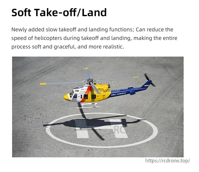 Flywing Bell-412 Scale RC Helicopter, Soft take-off/land function for realistic, smooth helicopter operation.