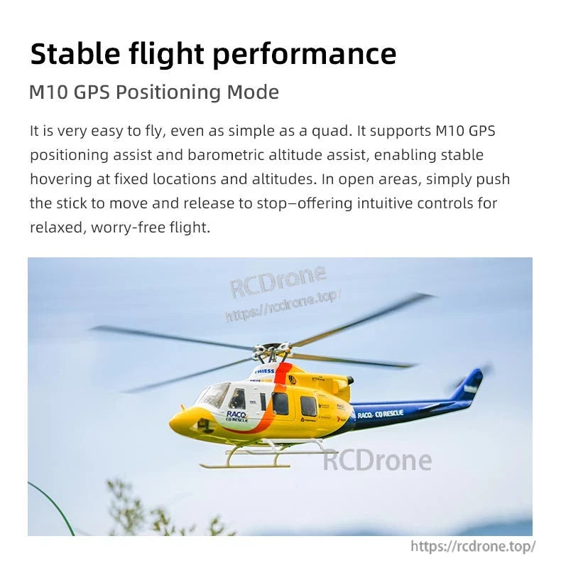 Flywing Bell-412 Scale RC Helicopter, M10 uses GPS and barometric data for stable flight, precise hovering, and easy controls, ensuring a smooth, reliable flying experience. (24 words)