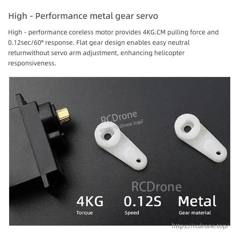 Flywing Bell-412 Scale RC Helicopter, High-performance 4KG torque servo with metal gears and 0.12S speed for improved helicopter responsiveness.