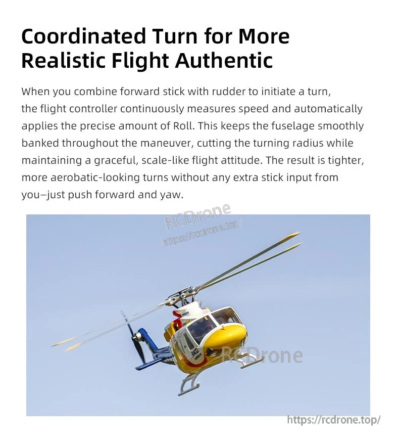 Flywing Bell-412 Scale RC Helicopter, Coordinated turn combines forward stick and rudder, with auto-adjusted roll for smoother banking, tighter turns, and improved aerobatics using minimal input.