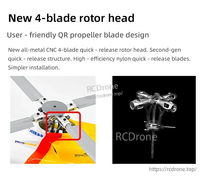 Flywing Bell-412 Scale RC Helicopter, New 4-blade rotor head features quick-release metal CNC design, high-efficiency nylon blades, and easy installation.