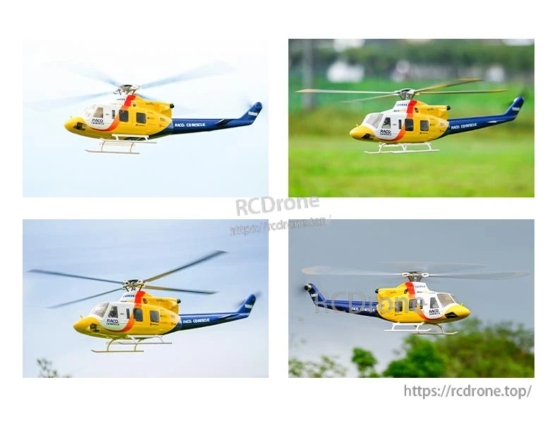 Flywing Bell-412 Scale RC Helicopter, Metal CNC rotor head with quick-release blades and detailed fuselage reproduction for realistic model aircraft design.